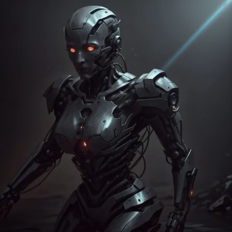 a robot with glowing eyes standing in a dark room