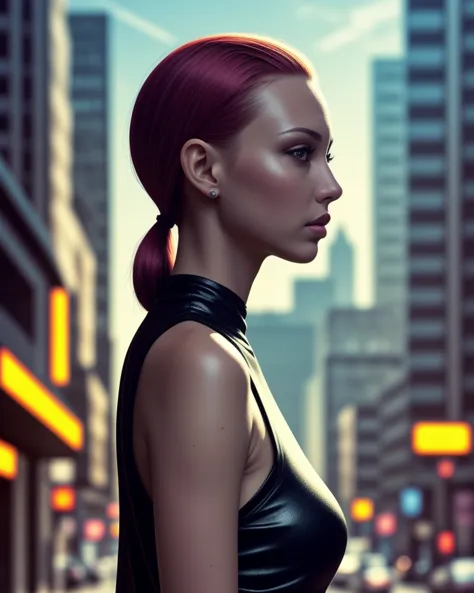 a close up of a woman with red hair in a black dress