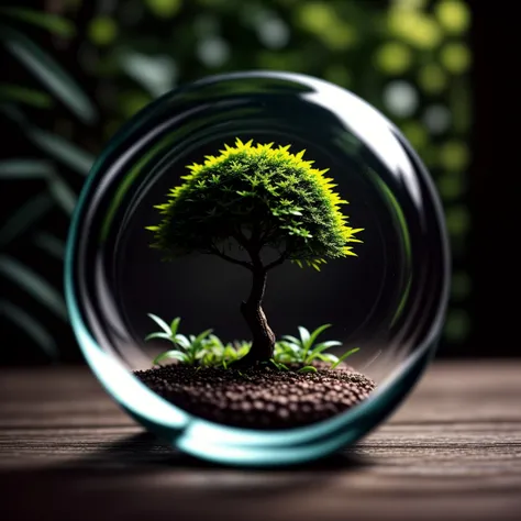 a close up of a small tree inside a glass ball