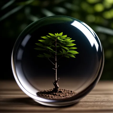 a close up of a small tree inside a glass ball