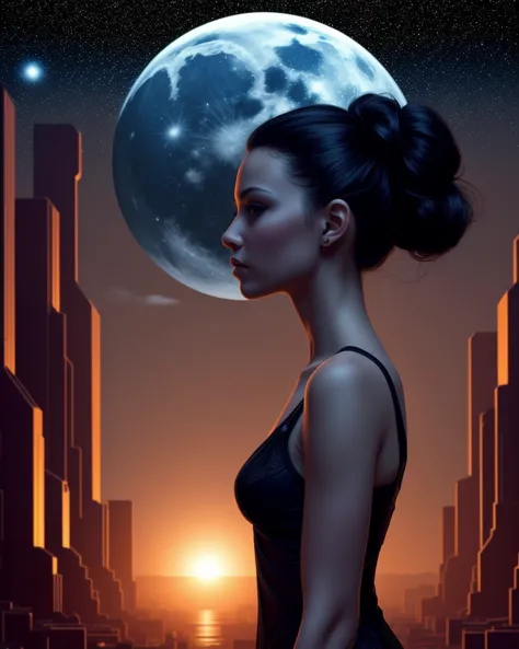 a woman in a black dress standing in front of a city at night