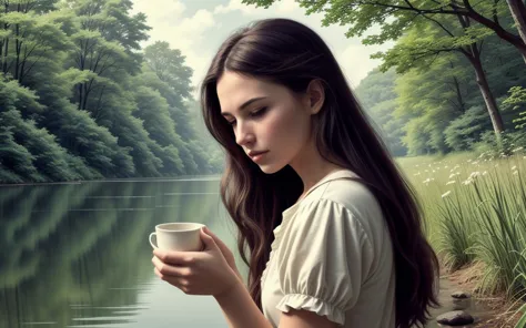 arafed woman holding a cup of coffee by a lake