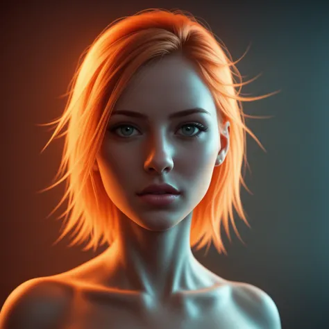 lightning strikes, abstract, high quality, UHD, Luminous Studio graphics engine, orange, cyan, octane render, cloudy haze, fiery members, beautiful blonde girl portrait