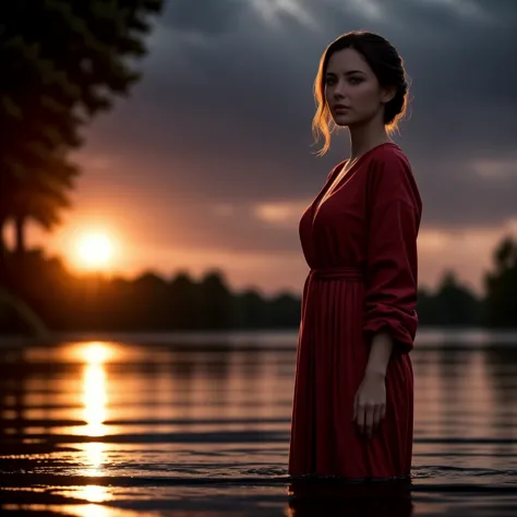 a woman in a red dress standing in the water at sunset