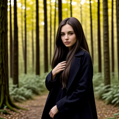 brunette girl in long black coat in forest