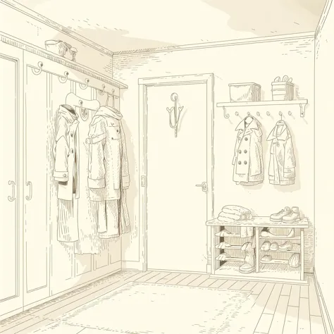 sketches of a room with a closet and a coat rack