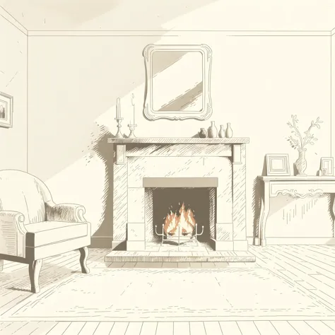 (masterpiece, best quality:1.2), (sketch:1.1), paper, no humans, indoors, fireplace, mantle, firewood, cozy, armchairs, rug