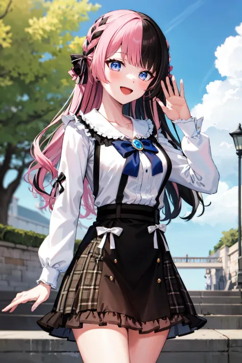 masterpiece, best quality, highres, aahinano, long hair, (multicolored hair:1.2), hair bow, collarbone, black bowtie, brooch, white shirt, suspender skirt, frilled skirt, pink bow, <lora:tachibana_hinano_v1:0.8>, cowboy shot, standing, smile, outdoors, ope...