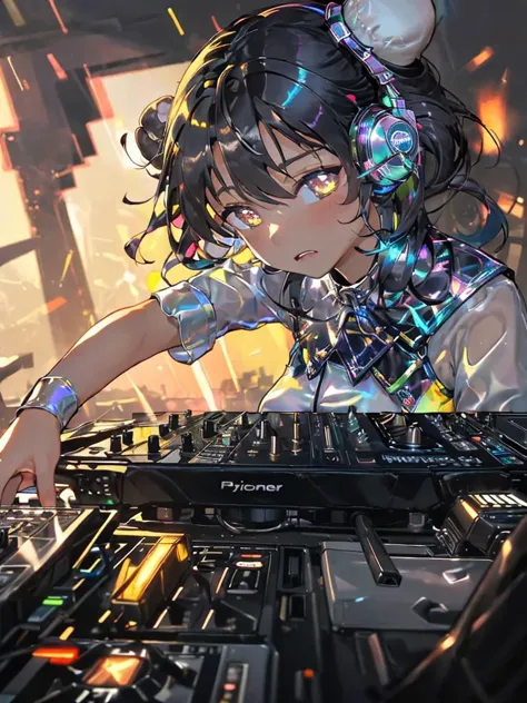 a close up of a person playing a dj in a room