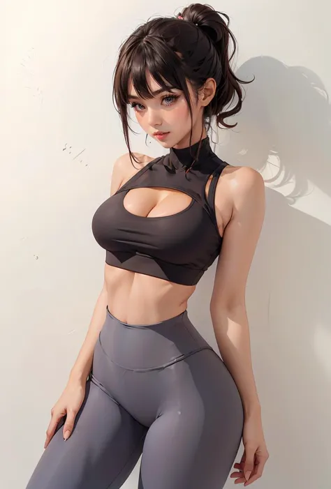 (masterpiece, best quality), 1girl,  Dark brown Side Parted Waves, Size DD breasts,   <lora:edgGymtasticv2:0.8> edgYoga, breasts, cleavage,crop top, clothing cutout, tight high-waist pants ,wearing edgYoga, sports bra,yoga pants