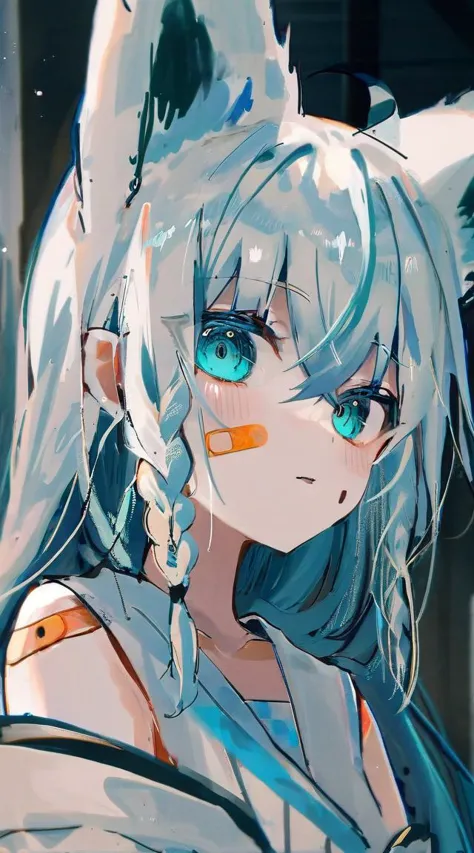 anime girl with blue eyes and white hair with a cat ear