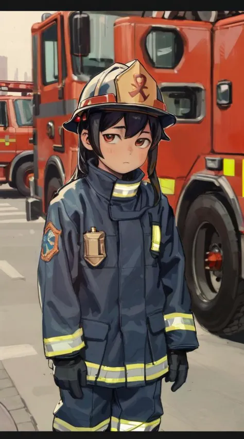 anime firefighter in uniform standing in front of a fire truck