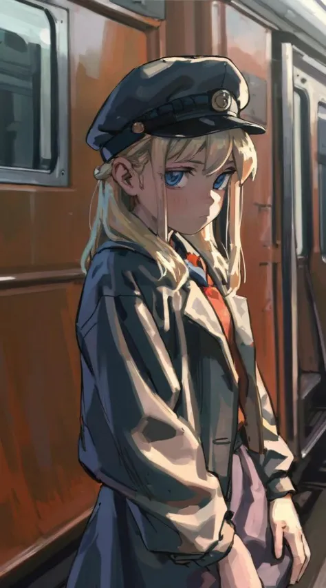 anime girl in uniform standing next to a train with a hat on