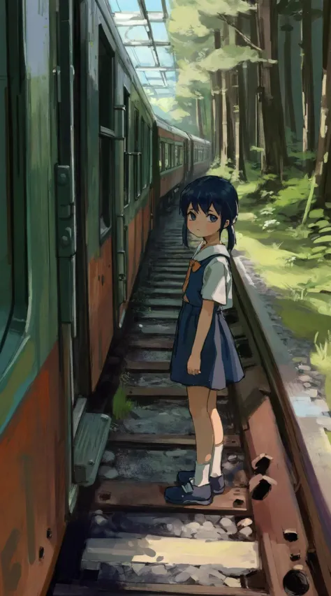 anime girl standing on train tracks looking out of window