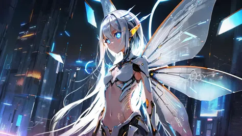 best quality, aesthetic, detailed, by ziyun,
robot girl., (serious and upturned eyes), blue eyes,
(dynamism), night, stars, night city,  flying, land scope, mechanical ,jet, jetting, boosting, movement, body arc, move flow, fly,
The background should be a magic future city , glowing core of her chest., cyber city,
Describing glowing fairy wings on the back. Particles of light emanate from its wings.,
(Glowing electronic circuits on her skin:1.4).,
16yo, messy absurdly long white hair, pointed ears, ((flat chest:1.2),
The image should have a fantasy world theme with a cyber touch. Additionally,
the image should have a cinematic visual effect, be ultra-detailed and beautiful,
and have a magnificent landscape view,
look at viewer, emotion less, symmetry,