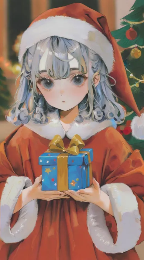 best quality, aesthetic, detailed, by yogisya, solo, 1girl, young girl, anime screencap, 1980s \(style\), santa costume, holding a present