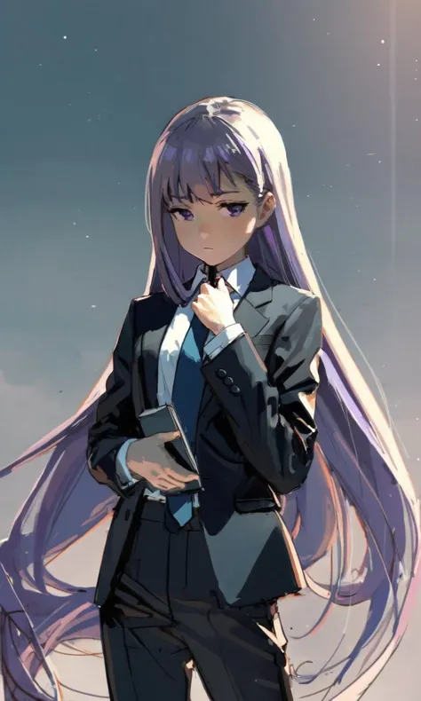 anime girl with long purple hair in a suit and tie