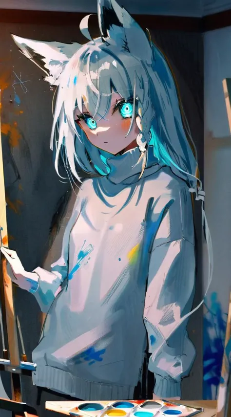 best quality, aesthetic, detailed, by ziyun, solo, 1girl, young girl, shirakami fubuki, fox ear, fox tail, (side braid:0.9), (very long hair:1.2), turtleneck sweater, indoors, curtains, (painter), canvas on wall, actual masterpiece, smeared with paint, handpainting, dynamic pose, glowing eye
BREAK
exaggerated motion, trails of paint effect, (full body:0.69), darkness or at least half-dim <lora:fubuki-000011:1>