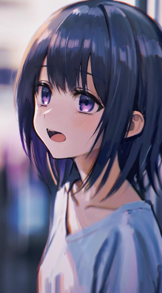 Anime girl with blue eyes and black hair looking away - SeaArt AI