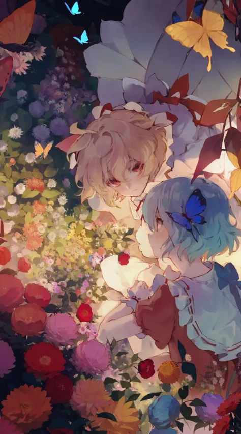 best quality, aesthetic, detailed, solo, 2girls, young girl, anime screencap, 1980s \(style\), flandre and remilia from touhou looking at some pretty flowers, surrounded by butterfiles