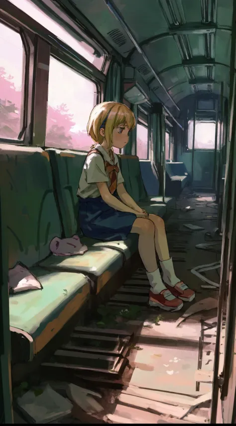 best quality, aesthetic, detailed, by solipsist, solo, 1girl, young girl, anime screencap, 1980s \(style\), abandoned train reclaimed by nature