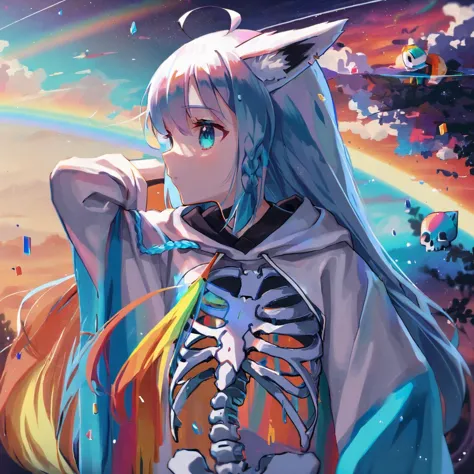 best quality, aesthetic, detailed, by qysthree, solo, 1girl, young girl, shirakami fubuki, fox ear, fox tail, (side braid:0.9), (long hair:1.2)
BREAK
a girl with a rainbow colored skeleton costume and a hoodie on, with a skull ornament in her hair, artist, galaxy, a detailed painting, synchromism, pixel art <lora:fubuki-000011:1>