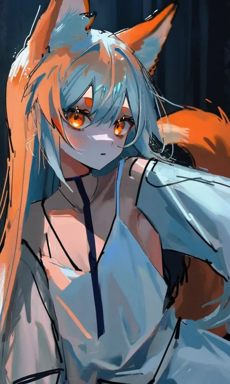 best quality, aesthetic, detailed, by ziyun, solo, 1girl, young girl, flat chest, long hair, bangs, sidelocks, fox ears, dramati...