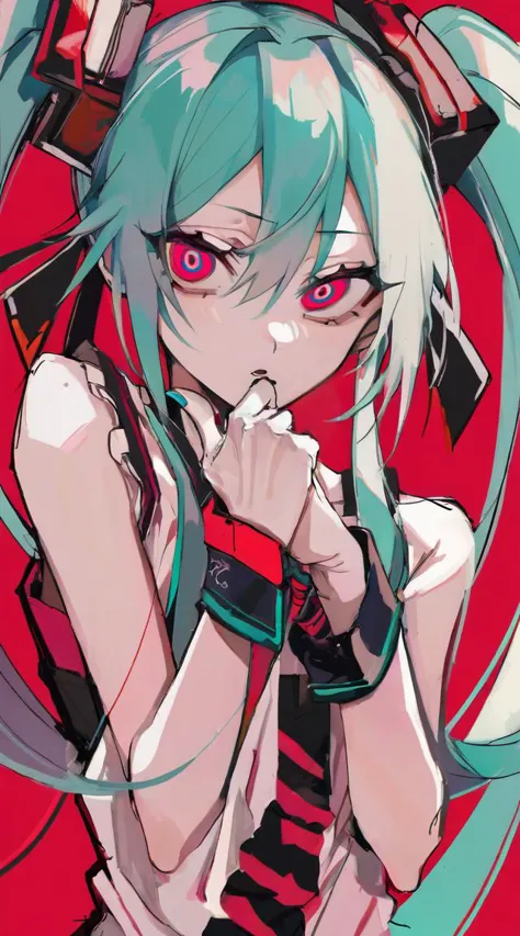 best quality, aesthetic, detailed, by kuroume, 1girl, detailed background, best quality, flat color, limited palette, bold lines
BREAK 1girl, hatsune miku, miko, long hair, cute, looking at viewer, contemporary, upper body, uppercut, red background