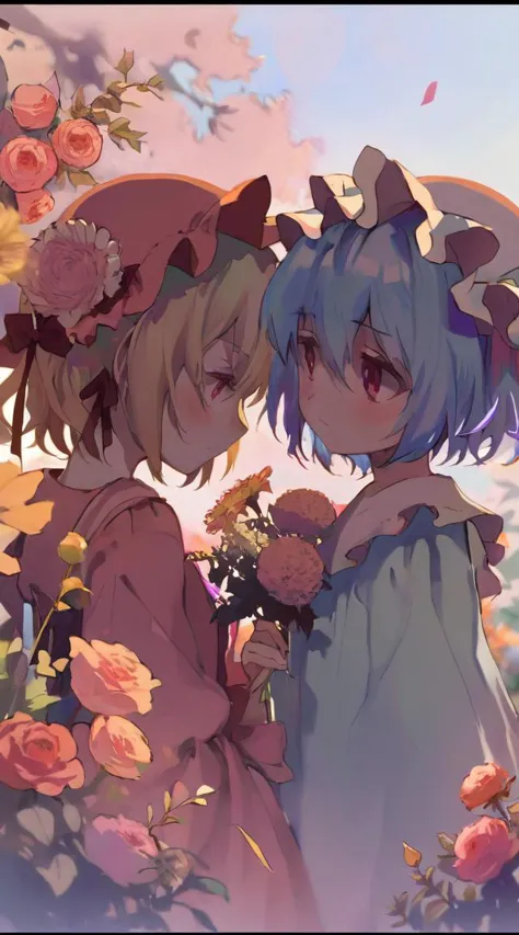 beste Qualität, ästhetisch, ausführlich, Allein, 2 Mädchen, Junges Mädchen, Anime-Screencap, 1980er Jahre \(Stil\), Flandre und Remilia aus Touhou betrachten ein paar hübsche Blumen