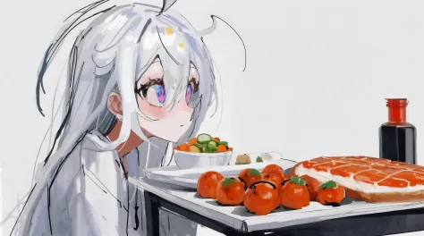 best quality, aesthetic, detailed, by ziyun, 1girl, ahoge, food, long hair, one side up, simple background, solo, table, white background, white hair <lora:fix-step00001000:0.4>