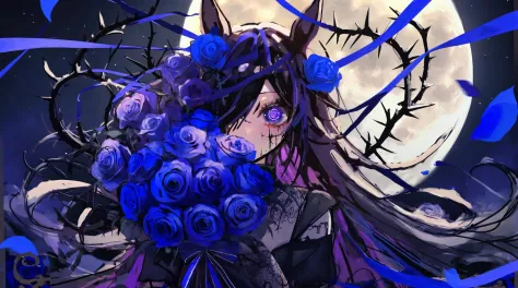 best quality, aesthetic, detailed, by ziyun,  1girl, horse ears, black flower, black rose, blue bow, blue ribbon, blue rose, bouquet, hair over one eye, holding bouquet, long hair, moon, purple eyes, purple flower, purple rose, rose petals, spoken squiggle, thorns <lora:fix-step00001000:0.4>