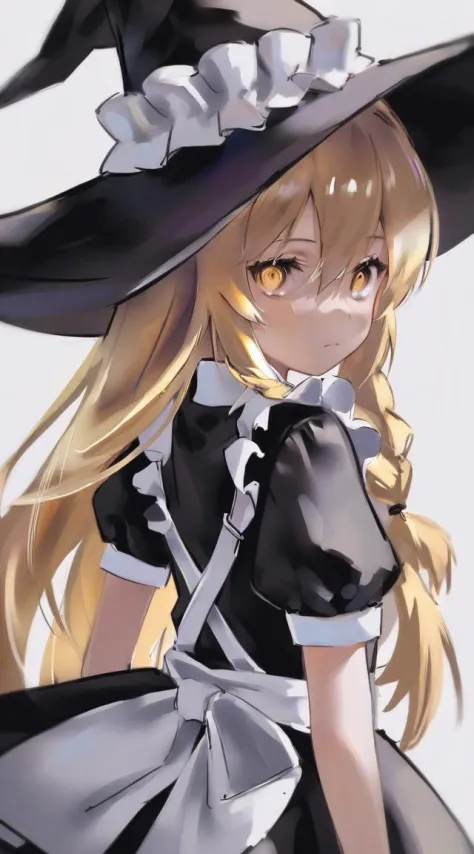 best quality, aesthetic, detailed, by suzukasuraimu, 1girl, kirisame marisa, long hair, single braid, blonde hair, side braid, yellow eyes, dress, witch hat, waist apron, hair between eyes, puffy short sleeves <lora:fix-step00001000:0.4>