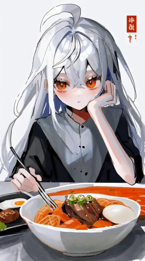 best quality, aesthetic, detailed, by ziyun, 1girl, ahoge, food, long hair, one side up, simple background, solo, table, white b...