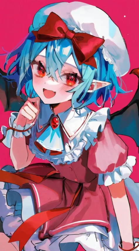 best quality, aesthetic, detailed, by ziyun, remilia scarlet, red ribbon, alternate costume, jewelry, hair between eyes, purple hair, puffy short sleeves, wings, frills, puffy sleeves, blue hair, bow, bangs dress, hat ribbon, mob cap, short sleeves, fang, red eyes, bat wings, wrist cuffs, ascot, shirt, brooch, hat, ribbon, short hair, pink dress, pointy ears, skirt <lora:fix-step00001000:0.4>