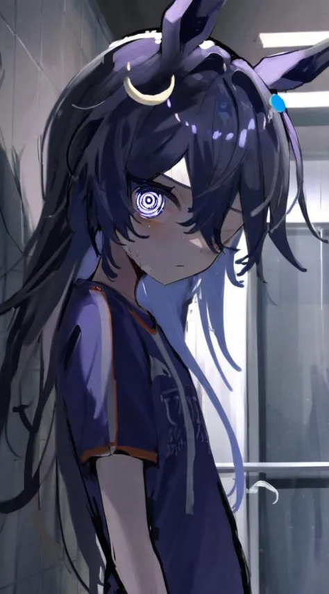 best quality, aesthetic, detailed, by ziyun, 1girl, rice shower, hair over one eye, long hair, horse ears, purple eyes, squiggle, sportswear, detailed face, dark room messy room, shadow dim light, rim lighting <lyco:UmaDiffusionXL-768x1024:0.8>