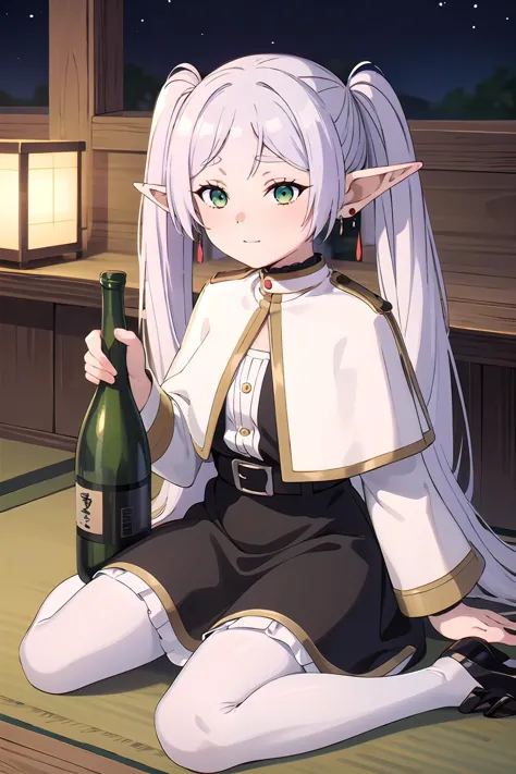 wz_sousou_no_frieren_style, wz_sousou_no_frieren_style, twintails, very long hair, silver hair, pointy ears, elf, white capelet, green eyes,  black pantyhose, earrings, white skirt, belt, white sleeves  ,tokyo, night, izakaya, inside,  1girl, solo, full body, drinking sake, sitting, (sake bottle), (sakazuki), (drunk:1.5), ((blushing)), happy,, 