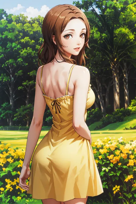 a woman in a yellow dress standing in a field of flowers