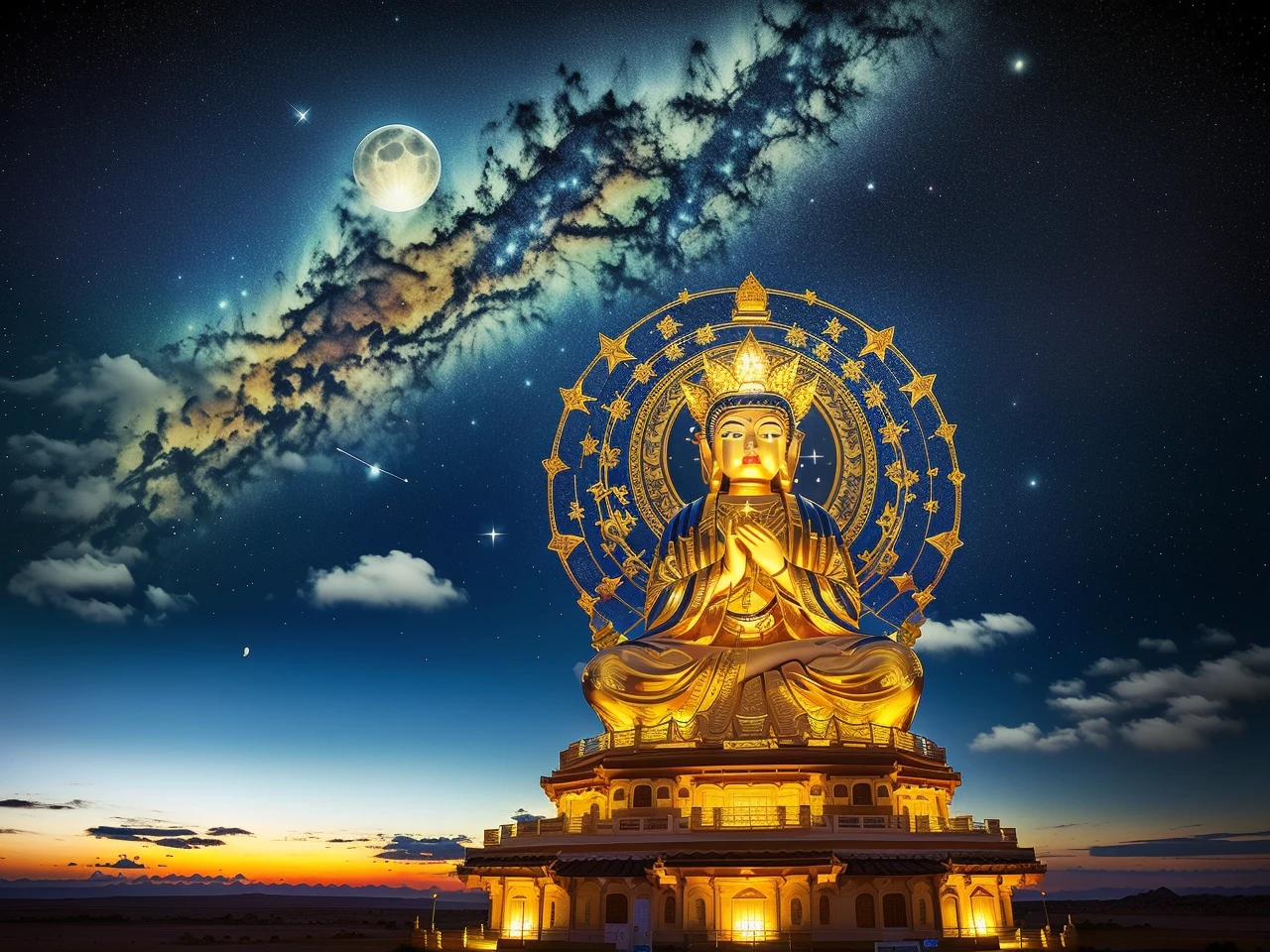 Mila, Maitreya Bodhisattva,Maitreya, a large golden buddha statue sitting in a room with a blue ceiling and a blue sky background with clouds, above_clouds, airship, aurora, bridge, building, castle, chimney, city, city_lights, cityscape, clock, clock_tower, cloud, cloudy_sky, constellation, crescent_moon, desert, earth_\(planet\), fireworks, floating_island, fountain, galaxy, glowing, house, island, lamppost, lantern, light_particles, milky_way, moon, mountain, night, night_sky, no_humans, planet, scenery, shooting_star, sky, skyline, skyscraper, snow, snowing, space, star_\(sky\), star_\(symbol\), starry_sky, starry_sky_print, telescope, tower, town, twilight, watercraft