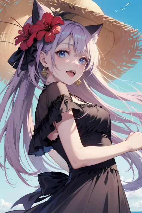 a catgirl holding a hibiscus flower looking at us with an expression somewhat like she's trying to seduce us, 1girl, flower, sol...