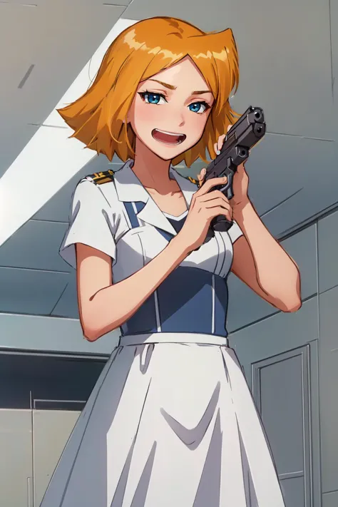 (masterpiece, best quality),  intricate details,
1girl,   clover \(totally spies\), blonde hair, short hair, blue eyes, 
  open mouth
 ImAHealerButMeme, pistol,