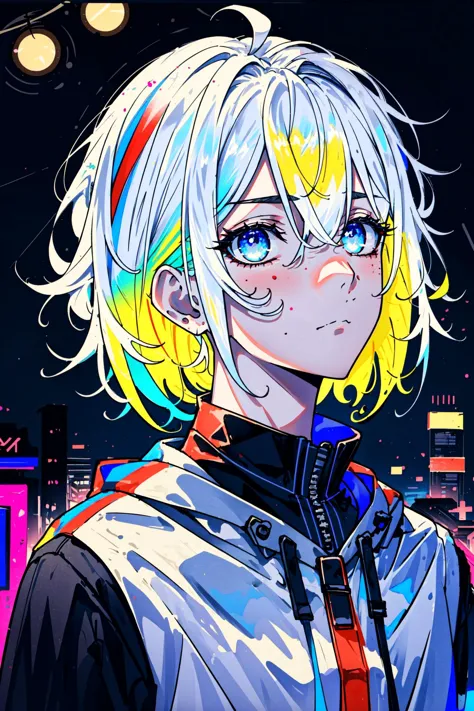 (Neon Dreams), urban, (underground, city, colorful, ) neon theme, neon lights, bloom, masterpiece, details,  detailed,  solo, man, male,  white hair, (bright and vivid colors, saturated colors),  expressive eyes,  calm expression, visual details, horror,  contrast, bright lights, dark shadows,  slim, ( short hair:1.20),  eyes, 
 <lora:Neon_Dreams:0.82>,