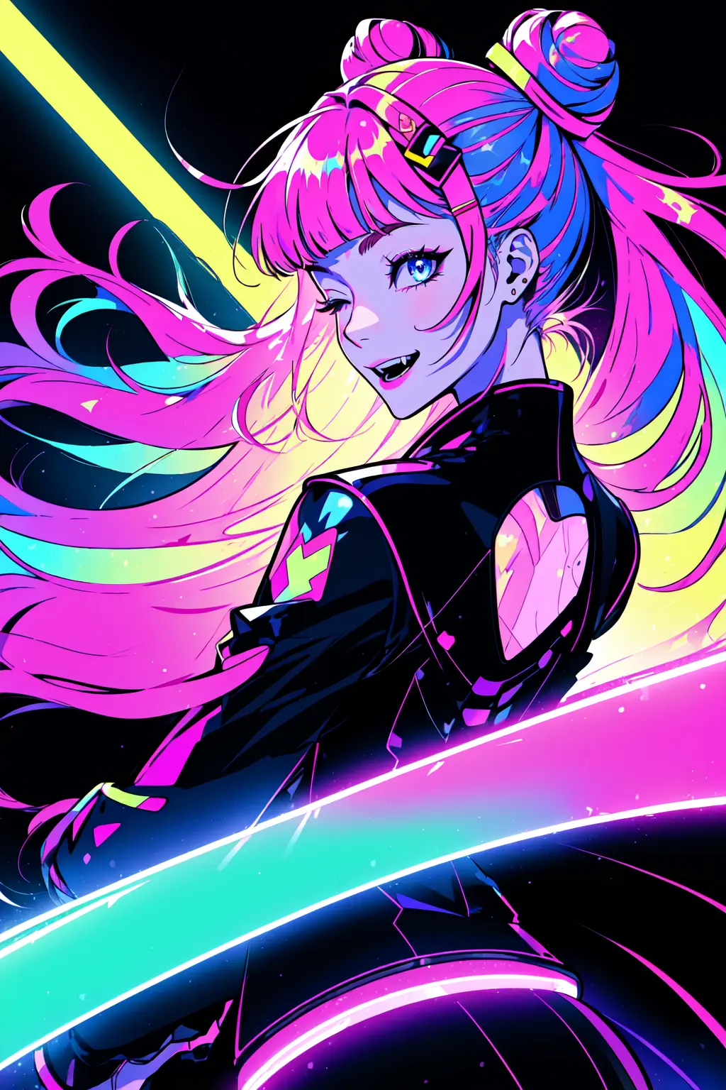 Neon Dreams, (masterpiece, best quality, ultra-detailed, highres, best illustration),perfect face, ((solo, solo focus, kawaii, n...