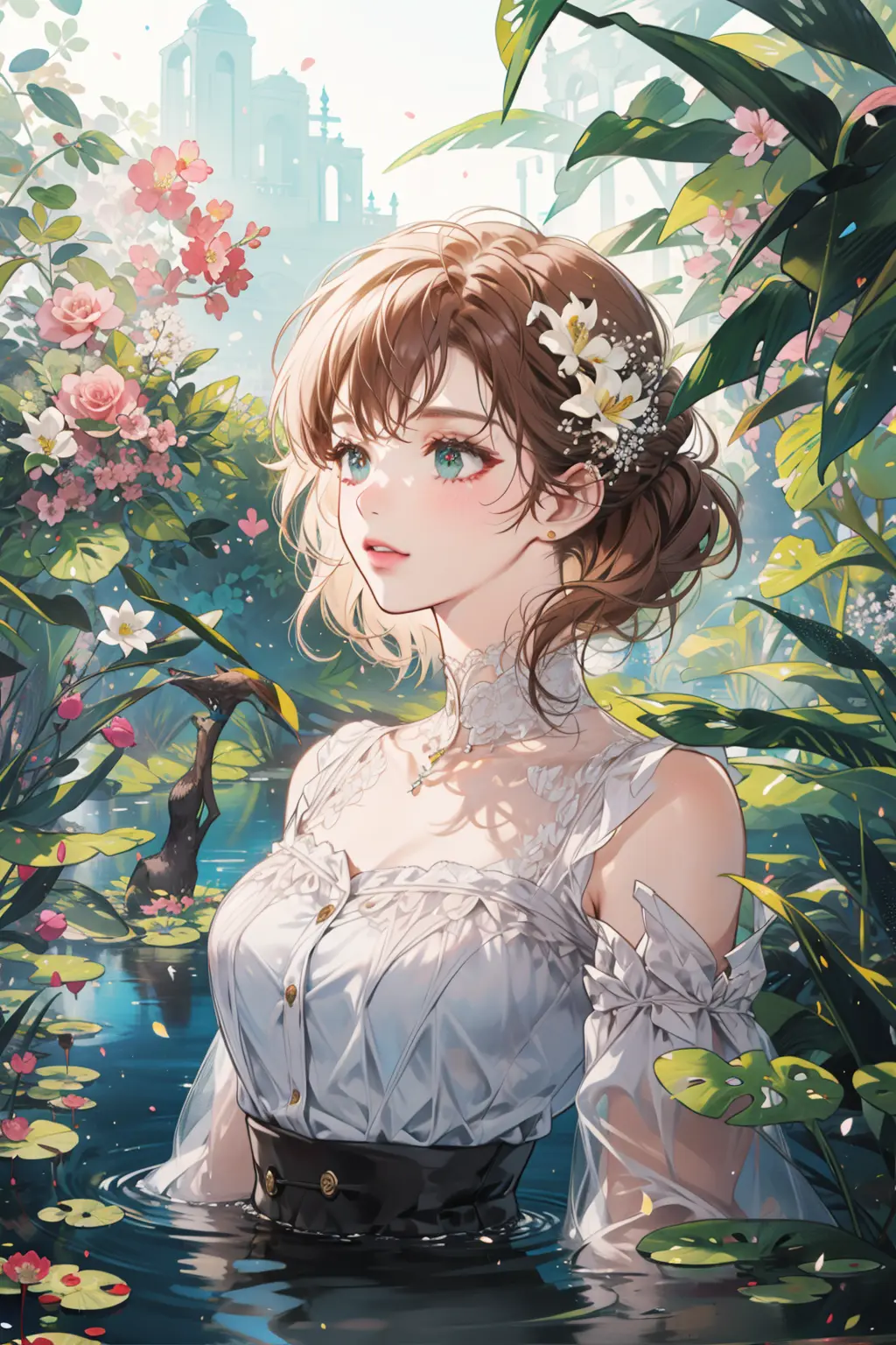 (masterpiece:1.2, best quality), (real picture, intricate details), (1lady, solo, upper body:1.2), big  colorful garden, with blooming flowers of all shapes and sizes. The air is thick with the sweet fragrance of roses and jasmine. A small pond shimmers in the sunlight, its surface dotted with lily pads. In the distance, a pair of peacocks strut about, their feathers glistening in the sun. Bees buzz about, pollinating the flowers and adding to the lively energy of the scene