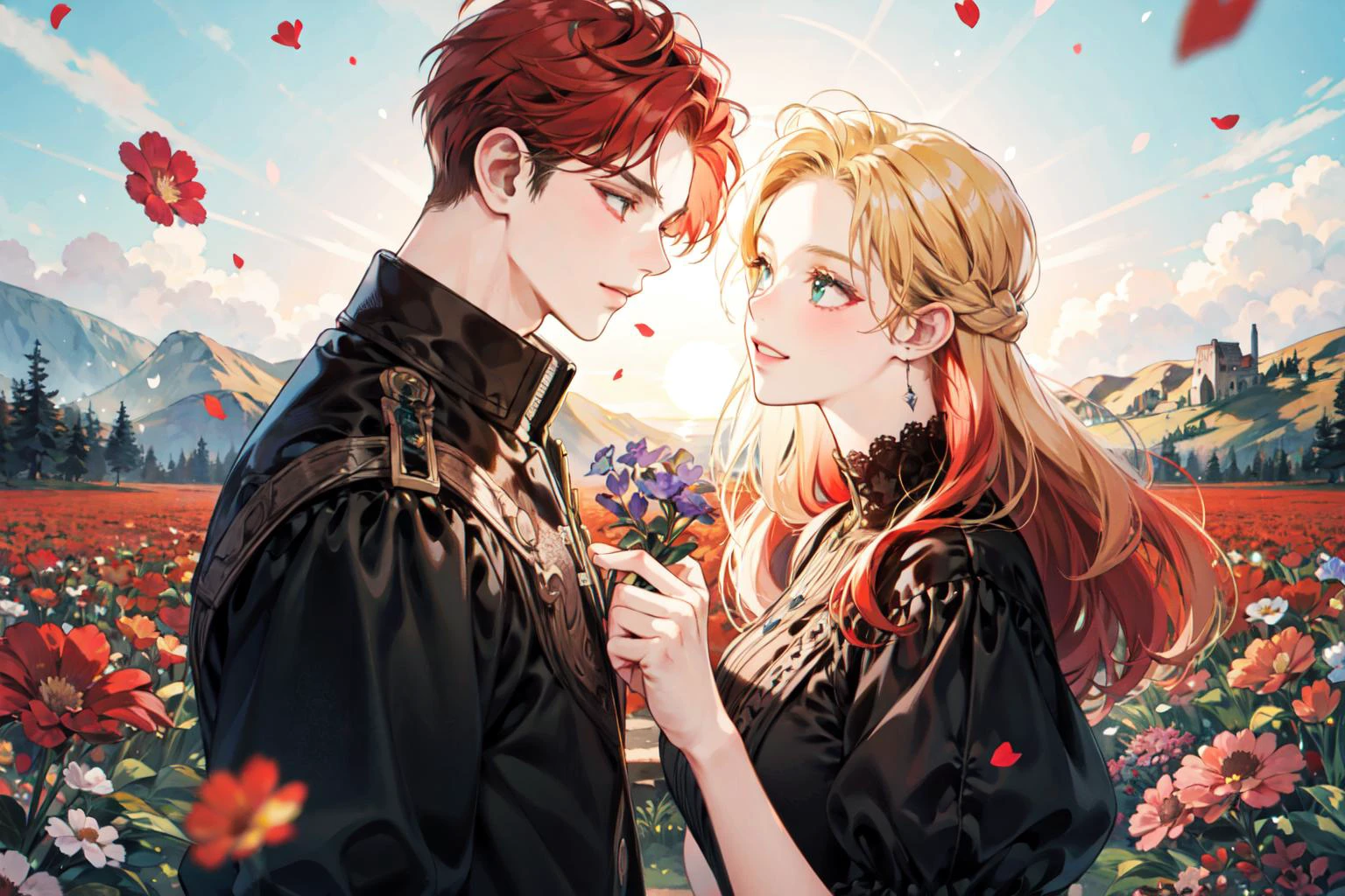 masterpiece, best quality, 2others, couple, hetero, 1man with 1woman, red hair and Blonde, height difference, different colors, happy, love, flower-filled landscape, forehead