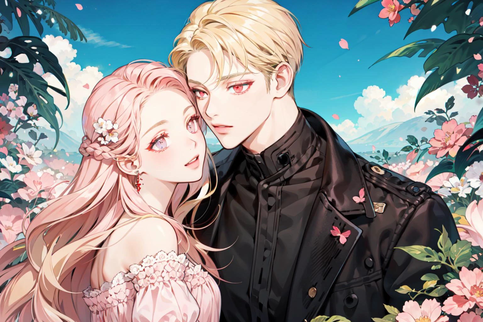 masterpiece, best quality, 2others, couple, hetero, 1man with 1woman,
man hair blonde, (Man_red_eyes:1.4), 
woman hair blonde, (woman_pink_eyes:1.4),
height difference, 
different colors, happy, love, flower-filled landscape, forehead