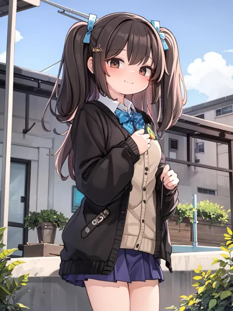 masterpiece, best quality, 1girl, solo, school uniform, long hair, little smile, brown hair, cardigan, two_side_up, hair_ornamen...