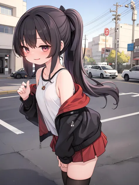 masterpiece, best quality, 1girl, solo, long_hair, black_hair, shirt, miniskirt, jacket, thighhighs, smile, <lora:yud2-000030:1> outdoors, standing, hair_ribbon, off shoulder,  sleeveless_shirt,