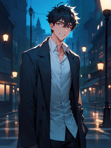 anime guy in a suit standing in the rain at night