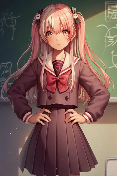 anime girl in school uniform standing in front of a chalkboard