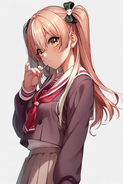 anime girl with long hair and ponytail holding a cell phone